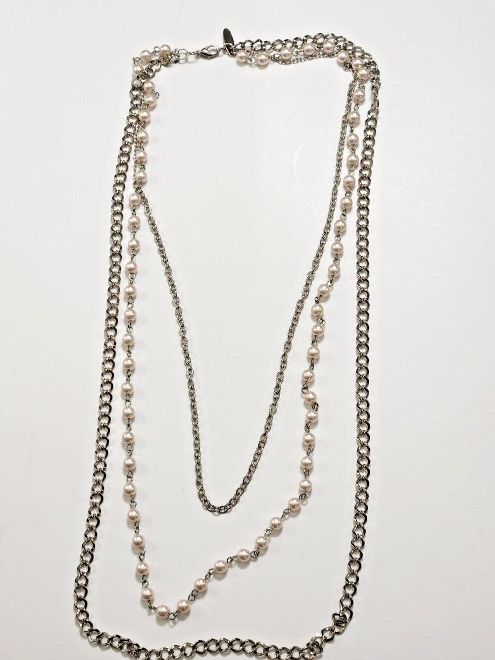 NY & Co 3 Strand Silvertone Chain Faux Pearl Layered Necklace Business Casual